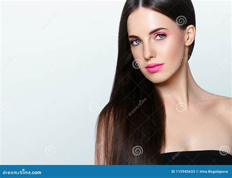 Beautiful Brunette With Long Hair And Pink Lipstick And Manicure Stock Image Image Of Black