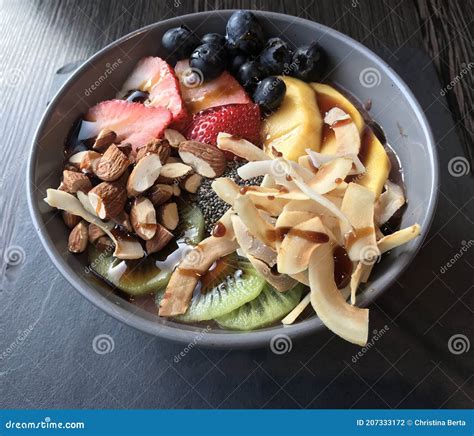 Organic Acai Fresh Tropical Fruit And Chia Breakfast Bowl Stock Photo