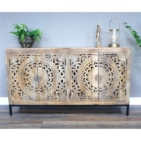 Large Carved Cut Out Patterned Mango Wood Sideboard