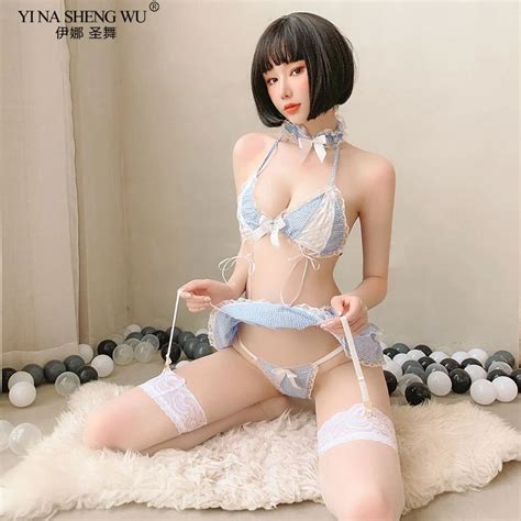 Sexy Japanese Anime Maid Cosplay Costumes Kawaii Apron Lingerie Erotic Outfit Woman Bikini Blue