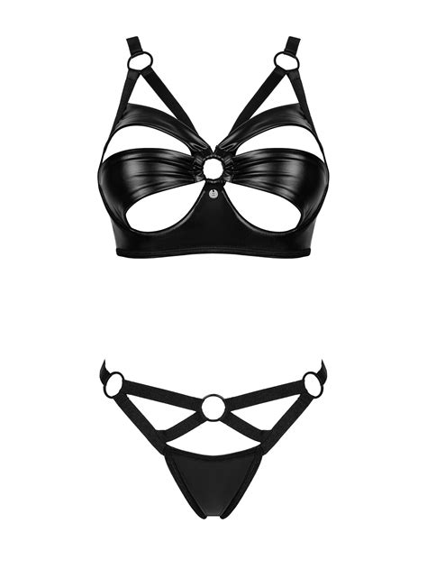 Sensual Elastic Faux Leather Lingerie Set Soft Bra With Cutouts And String Thong Obsessive
