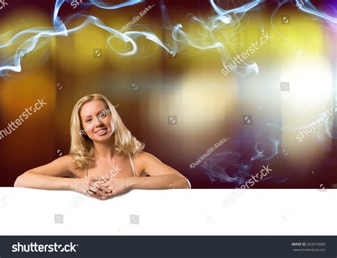 Attractive Girl Bikini White Blank Banner Stockfoto 263616689