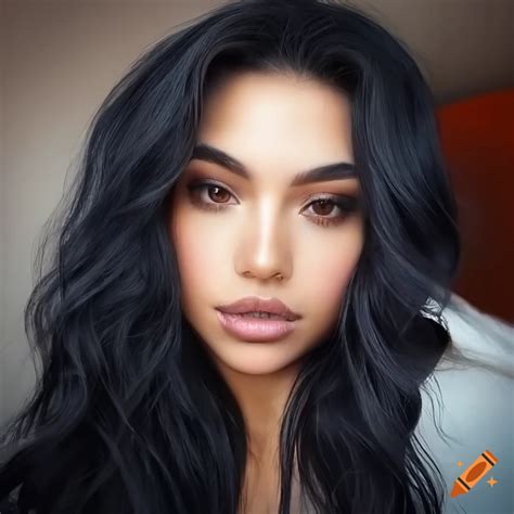 Latina Supermodel Ans Long Wavy Black Hair White One Strand Of White Hair In Front Brown