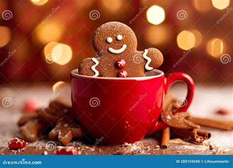 Gingerbread Man Bathes In A Cup Of Hot Chocolate Generative Ai Stock Illustration