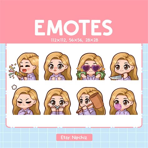 Kawaii Chibi Girl Emotes 8 Cute Emotes For Streaming Long Straight Blonde Hair Brown Eyes