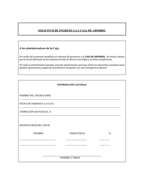 Formato Ingreso A Caja De Ahorro Solicitud De Ingreso A La Caja De