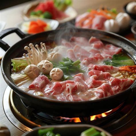 Steaming Hot Pot Of Shabu Shabu With Meat And Vegetables Premium Ai Generated Image