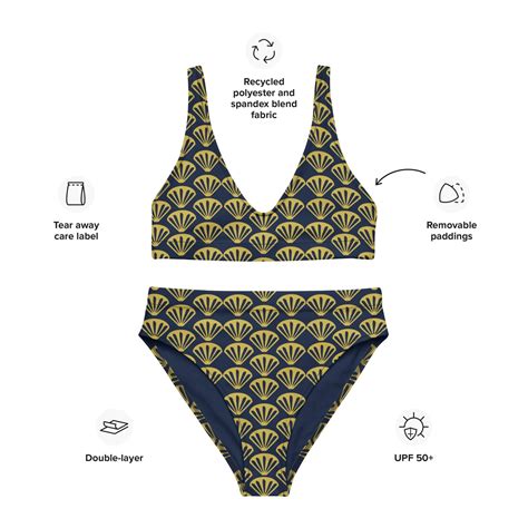 Shell Bikini Navy And Gold High Waisted Recycled Tyler Rose Swimwear