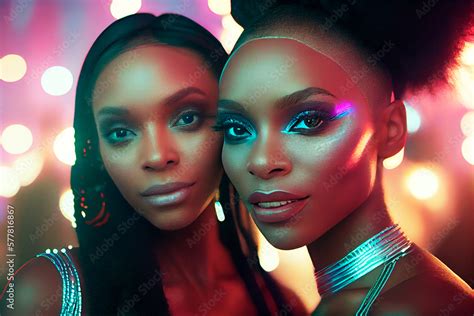 Sexy Black Lesbian Makeup Women Posing For Camera In A Nightclub Party With Neon Lights