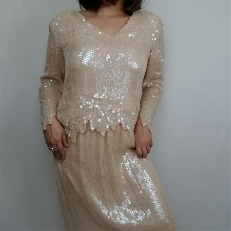 Stunning Vintage Nude Pink 100 Silk Sequined Blouse Depop