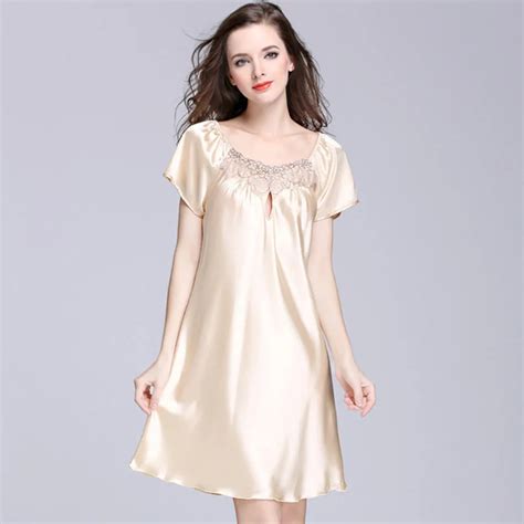 New Hot Sale Women S Faux Silk Satin Sexy Nightgown Short Sleeve Pure Color Sleepwear Ladis