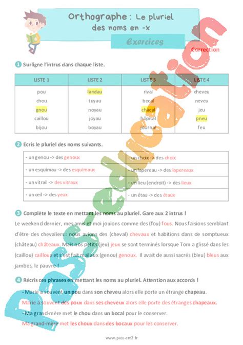 Le Pluriel Des Noms En X Exercices D Orthographe Eme Primaire