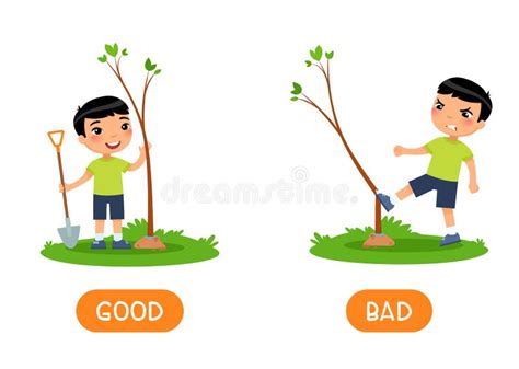 Concepto De Antónimos Bueno Y Malo Tarjeta Flash Para Niños Con