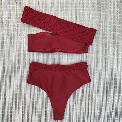 Biqu Ni Top Um Ombro S Tran A Hot Pants Vermelha Dondoca Moda