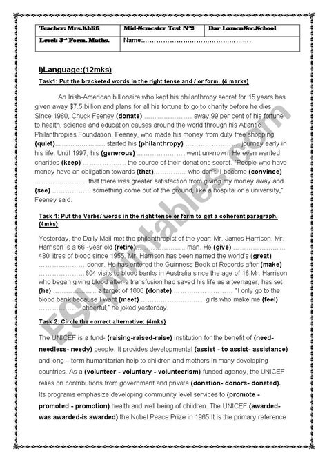 MID SEMESTER TestN2 3RD FORM ESL Worksheet By Rahmouna