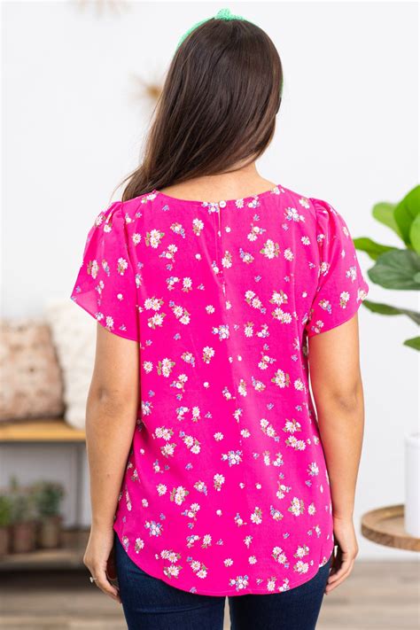 Hot Pink Flutter Sleeve Floral Print Top · Filly Flair