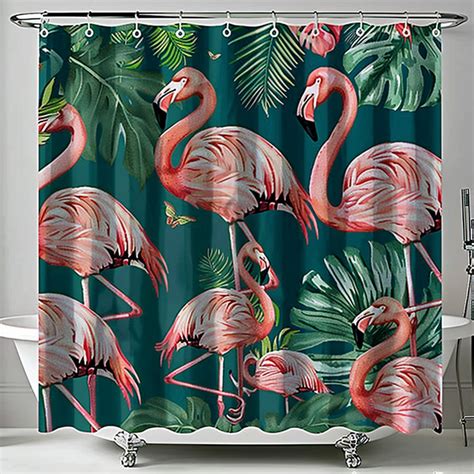 Exotic Oasis Shower Curtain Vibrant Flamingos Lush Palm Leaves