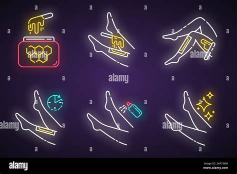 Shin Waxing Neon Light Icons Set Leg Hair Removal With Natural Honey Hot Wax Strips Process