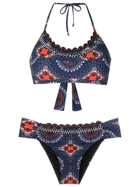 Amir Slama Graphic Print Bead Detailing Bikini Blue FARFETCH UK