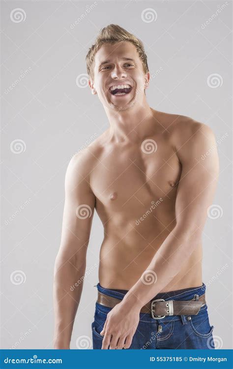 Portrait Of Happy Smiling Caucasian Man Posing With Naked Torso Stock