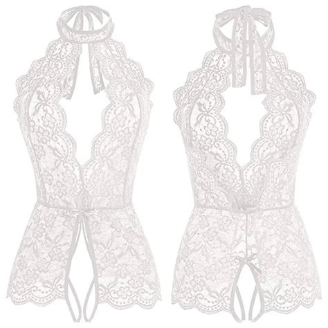 Uaang Women Open Crotch Bodysuit Sexy Lingerie Set Lace See Through Deep V Bra Top And