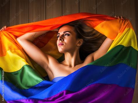 Beautiful Lesbian Model And A Rainbow Flag At Gay Pride Lgbtq Colors Flag Love Freedom