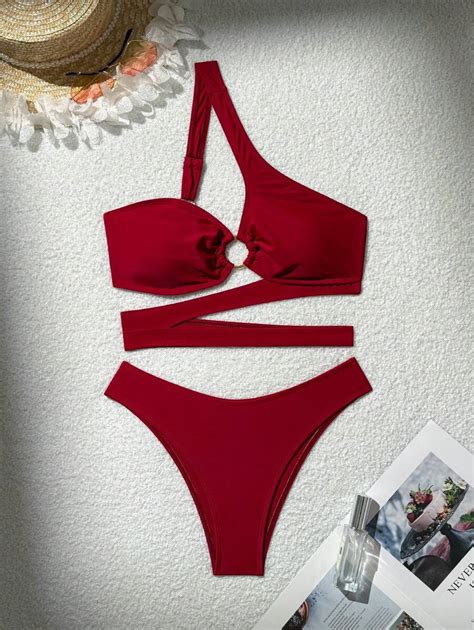 SHEIN Swim SXY Conjunto de Maiô Bikini Um Ombro Recorte Sexy e Cor Sólida para Mulheres