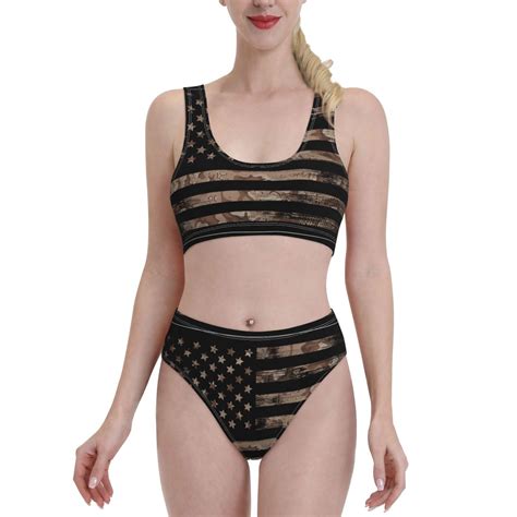 Lukts Women High Waisted Bikini Set American Flag With Desert Camouflage Swimsuit Piece
