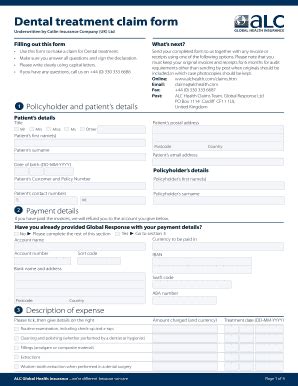 Fillable Online Dental Treatment Claim Form Alchealth Fax Email