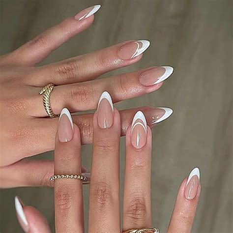 24Pcs White French Tip Press On Nails Medium Length Reusable Nude Fake
