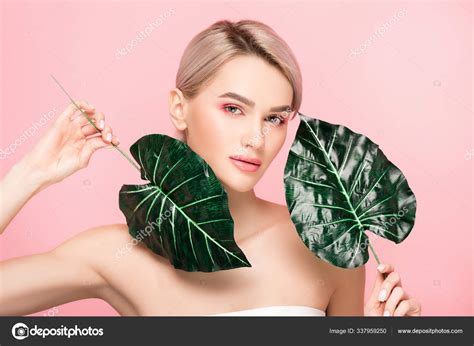Naked Girl Pink Makeup Isolated Pink Green Leaves Stock Photo By Igorvetushko