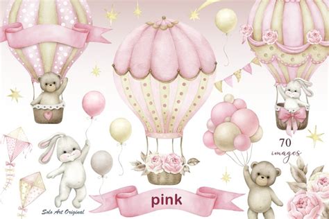 Teddy Bear Hot Air Balloons Baby Girl Shower Clipart