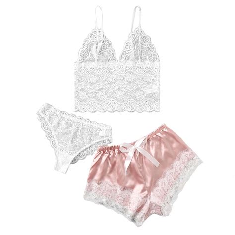 Pc Women Satin Lace Camisole Bowknot Shorts Set Sleepwear Pajamas Lingerie Bikini