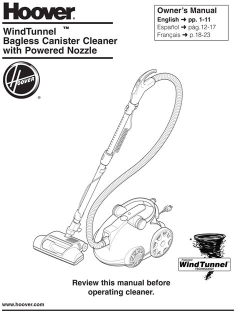 Hoover Windtunnel Wind Tunnel Bagless Canister Cleaner Owner S Manual