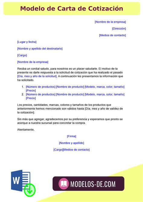 Modelo De Carta De Cotización Nombre De La Empresa Dirección