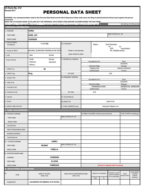 Cs Form No 212 Revised Personal Data Sheet Sample Form Passport