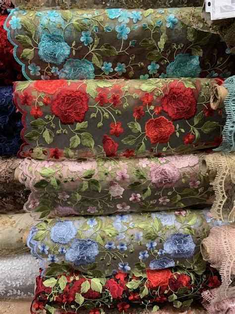 Iris Red Floral And Leaves Embroidery On Nude Mesh Lace Fabric By The Yard Etsy Red