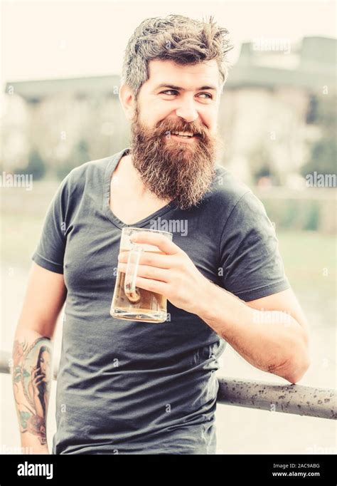 Brutal Male Needs Refreshment Weekend Relax Drink Alcoholic Beer Beverage Mature Hipster With