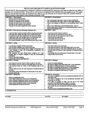 Fillable Online NECK PAIN DISABILITY INDEX QUESTIONNAIRE PLEASE READ