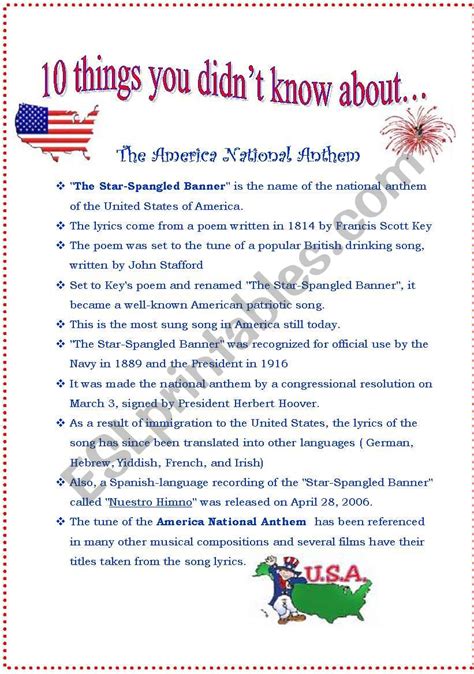 English Worksheets The Star Spangled Banner