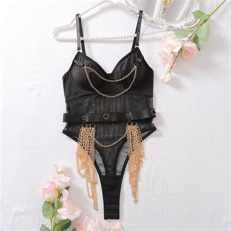 Garter Belt With Chain Sheer Lace One Pieces Erotic Open Crotch Lingerie Bodysuit Power Day Sale