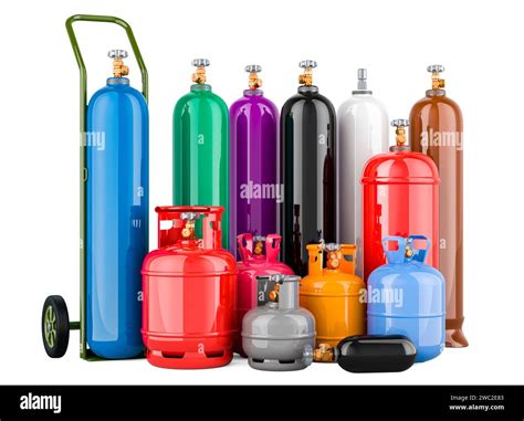 Set Of Different Industrial Liquefied Gas Cylinders With Hand Truck