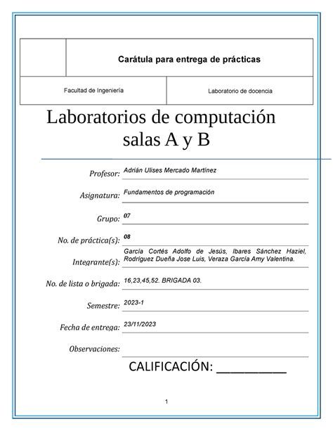 Pract ICA 8 QUIMICA Carátula para entrega de prácticas Facultad de