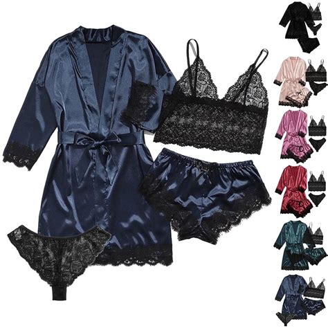 Pieces Woman Sleepwear Pajamas Ser With Robe Sexy Lace Lingerie