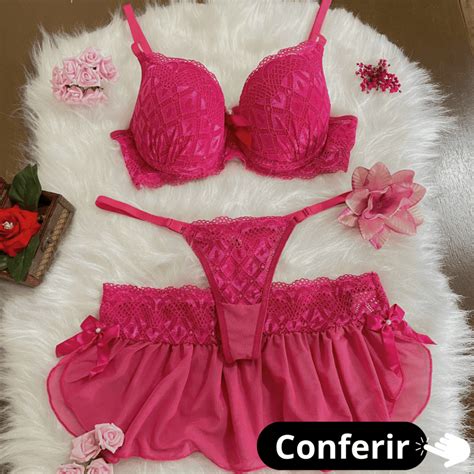 Conjunto Trio Serena Lingerie Bojo Sensual Roupa Intima Saia Calcinha Fio Dental E Sutia
