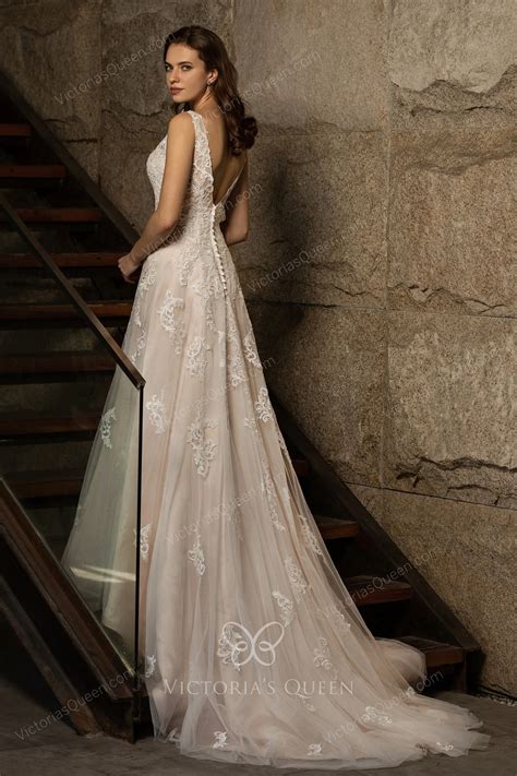 Pink Nude Lace Tulle V Neck Fit And Flare Wedding Dress Vq