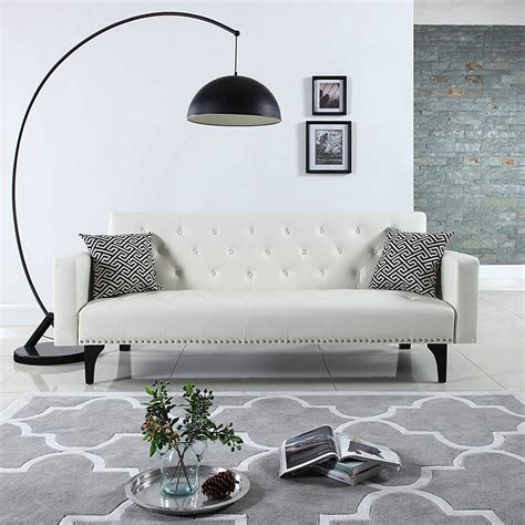 Modern Tufted Bonded Leather Sleeper Futon Sofa With Nailhead White