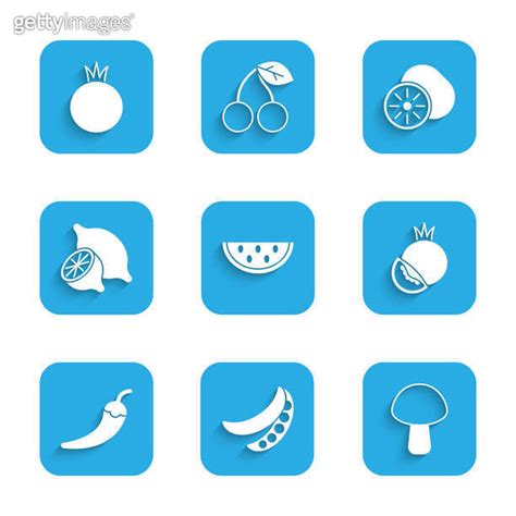 Set Watermelon Green Peas Mushroom Tomato Hot Chili Pepper Pod Lemon Kiwi Fruit And Icon