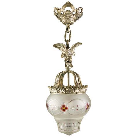 French Neoclassical Style Bronze and Frosted Glass Pendant Light with an Eagle For Sale at 1stDibs