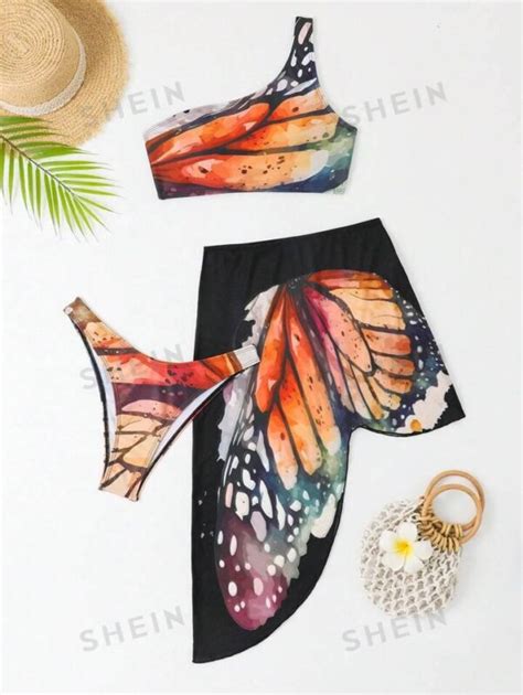 Shein Swim Vcay Butterfly Print One Shoulder Bikini Swimsuit With Beach